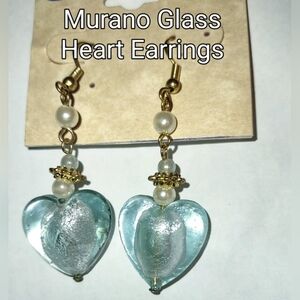 Aqua Glass Heart Dangle Earrings
